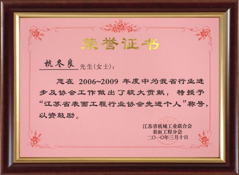 2006-2009江蘇省表面工程行業協會先進個人-杭冬良